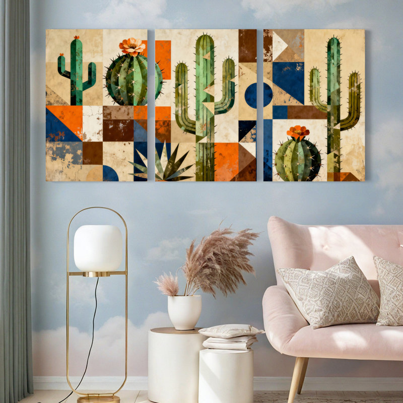 Motif géométrique de cactus, impression abstraite moderne sur toile (ensemble de 3), H 18 po x l 36 po