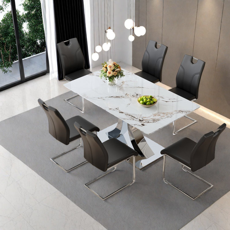 Ensembles de table de salle à manger modernes, peu encombrants, en acier inoxydable et en verre, divertissent 8