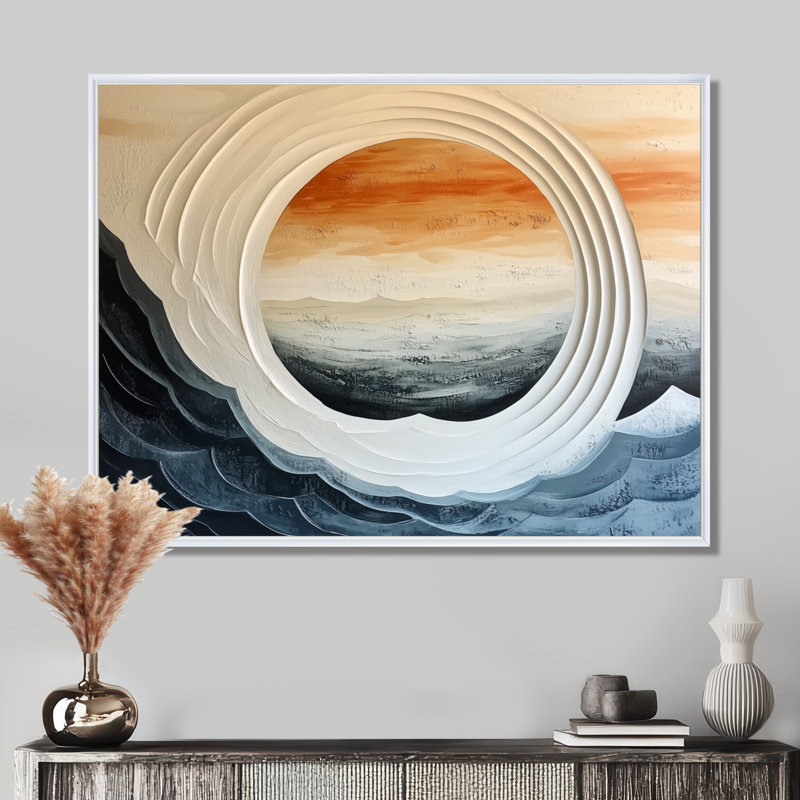 «Circle of Stillness II» - minimalisme japonais, art mural encadré, H 24 po x l 32 po, Cadre flottant blanc
