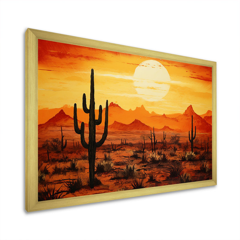 Cactus Sunrise Silhouettes - Cactus Wall Art, 16" H x 32" W x 1" D, Gold Single Picture Framed