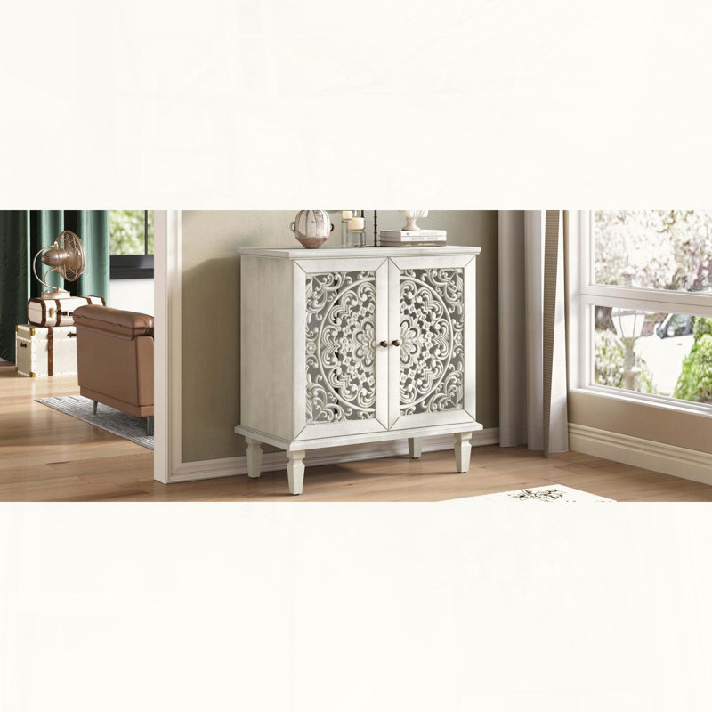 Vintage Accent Cabinet with Floral Hollow-Carved Doors and Adjustable Shelf, Antique Gray White