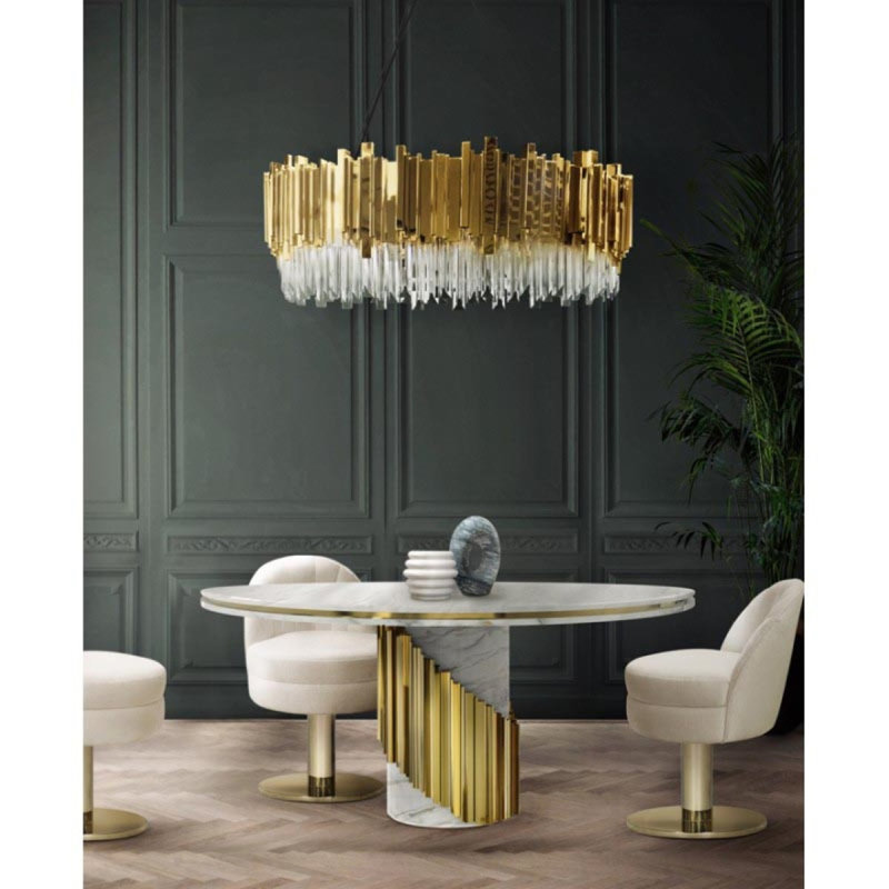 Lustre linéaire ovale moderne avec accents Crytal Empire, Laiton poli, Givré, 89” Length x 18” Width x 19” Height