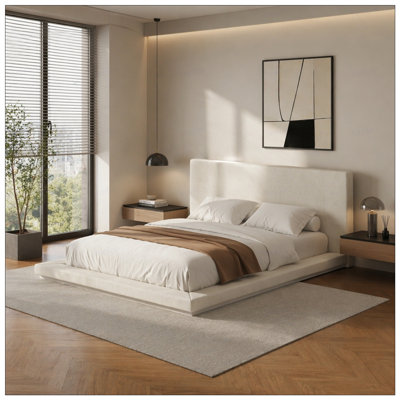 Base de lit flottante grand lit moderne avec tête de lit rembourrée, base de lattes en métal à profil bas, cadre rembourré anti-collision, aucun sommier requis pour la chambre à coucher, facile à assembler,