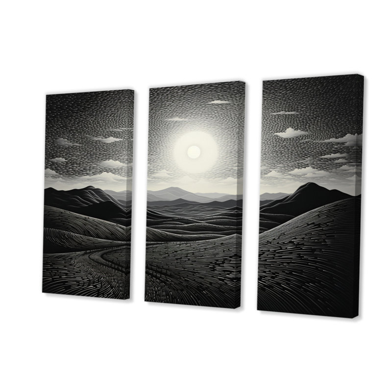 Désert majestueux pointillisme monochrome sur toile, 3 pièces, H 28 po x l 36 po x P 1 po