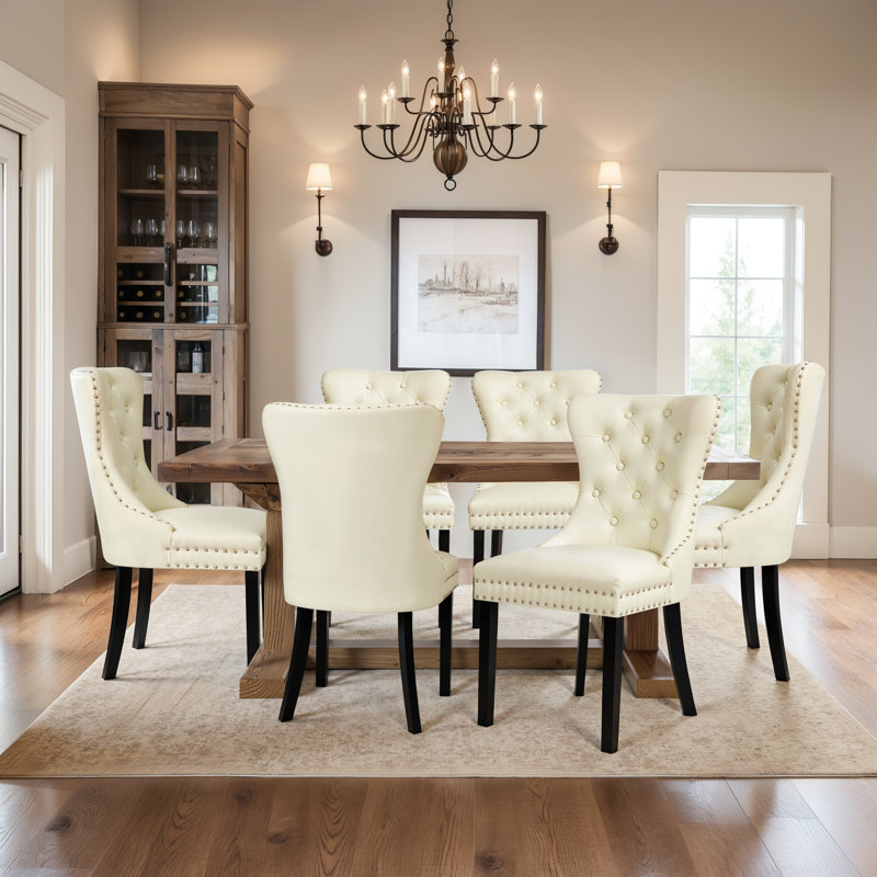 Tufted Leather Upholstered Wing Back Parsons Chair (Set Of 6), Brown/Natural Wood, 6
