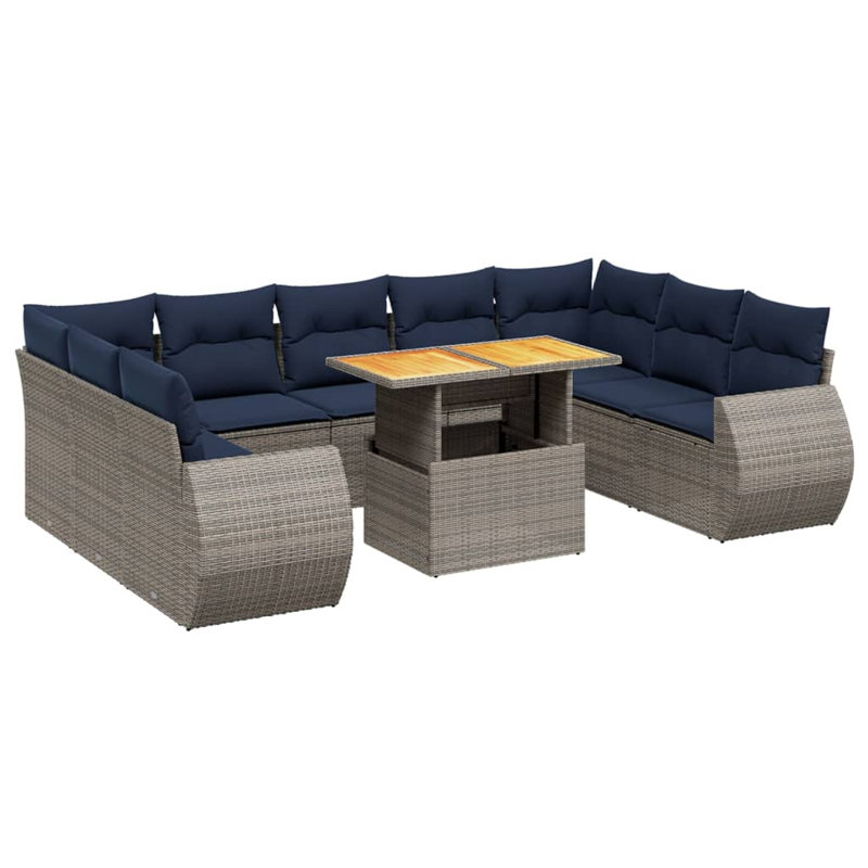  10 Piece Patio Sofa Set With Cushions Poly Rattan, Gray, Blue