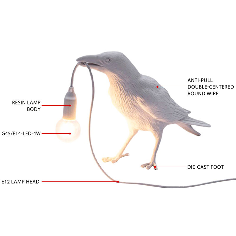 Kaye 1-Bulb LED Plug-in Bird Table Lamp Resin Novelty Lights for Room Desk Office Artistic Decor, White