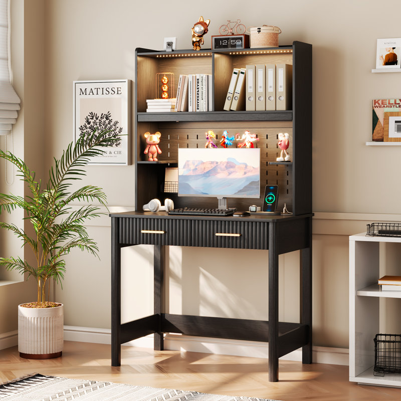 Computer Desk with Power Outlet and Tri-Color Light, Black