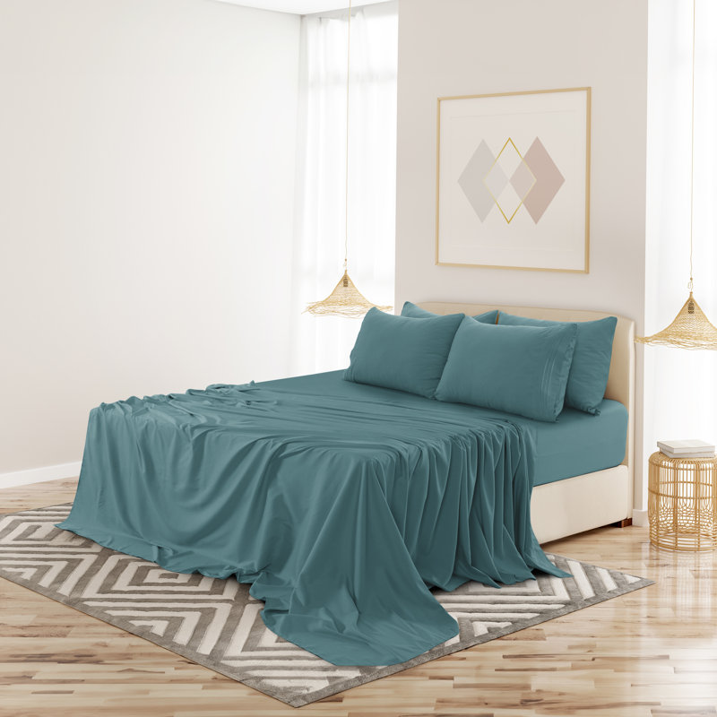 Ensemble de draps en microfibre 6 pièces Lux Decor, Bleu sarcelle, Ensemble de draps pour très grand lit + 1 drap-ho