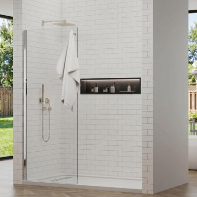 Panneau de verre de douche 32 po x 76 po, verre trempé transparent de 3/8 po (10 mm), écran de douche fixe semi-sans cadre avec crochet à serviette, panneau de verre simple pour la salle de bain, revêtement double face, chrome