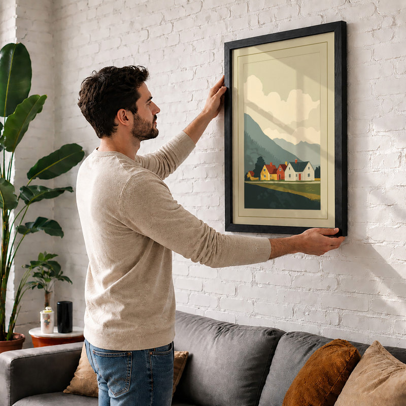Houses and Mountains Scandinavian - Framed Print, A2 - 59.4 x 42.0 cm, Walnut