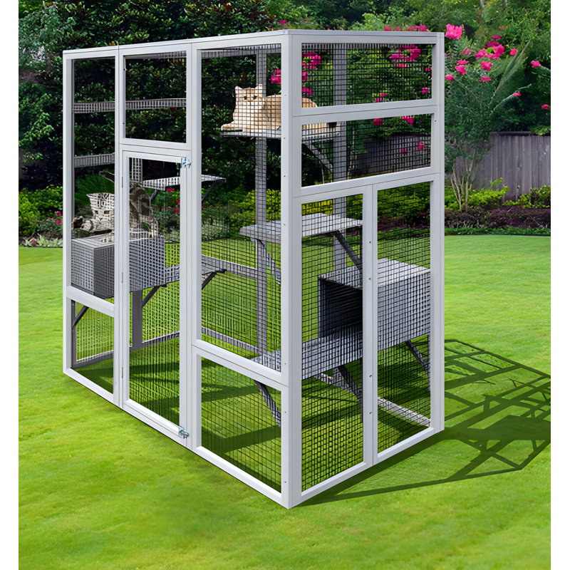 Grand Catio, abri pour chat pour l'extérieur intérieur, 7 plateformes et 2 boîtes de repos,