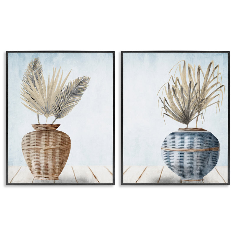 Palms in Rattan Planters 2 PC Framed Giclee Art Set by Kim Allen, Black Frame, 14" H x 11" W