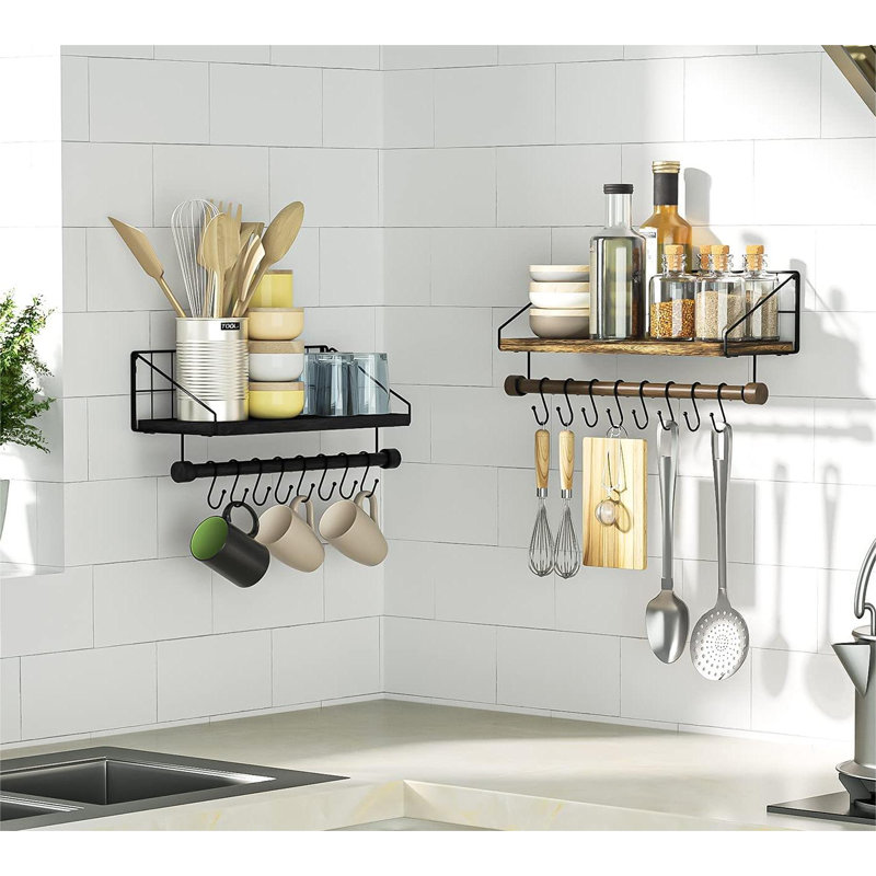 Tablettes murales flottantes pour la chambre à coucher, cuisine en bois rustique avec crochets, Noir / brun