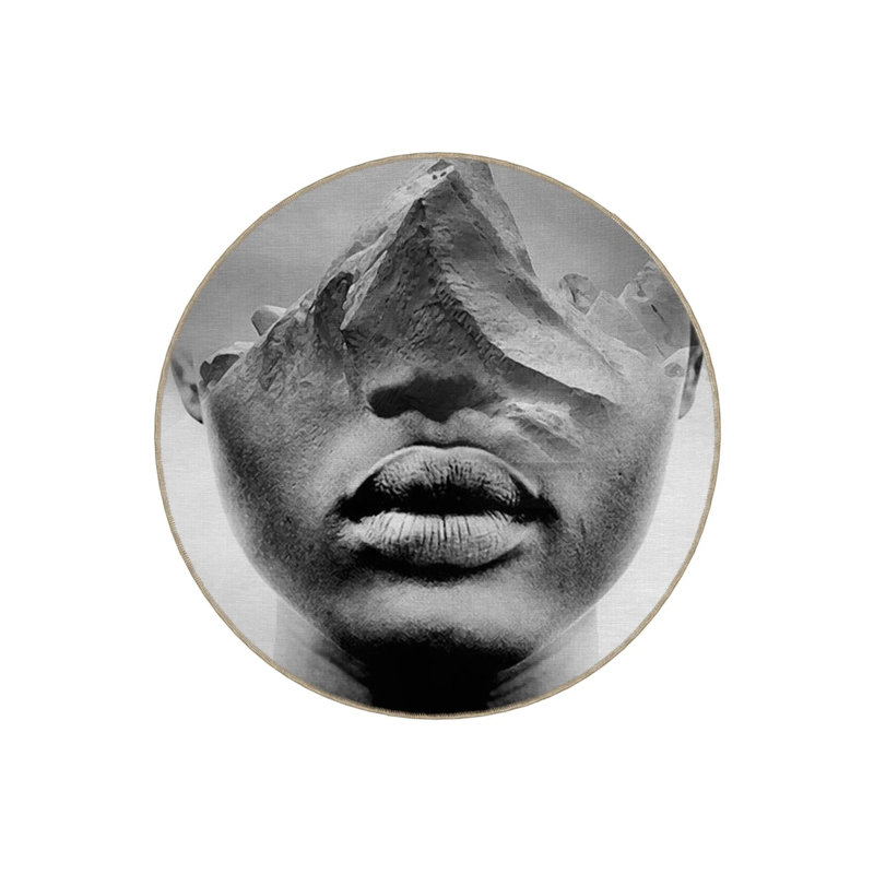 Black And Beige Woven Carpet With A Woman's Face And Mountain Pattern, Round 3'4"