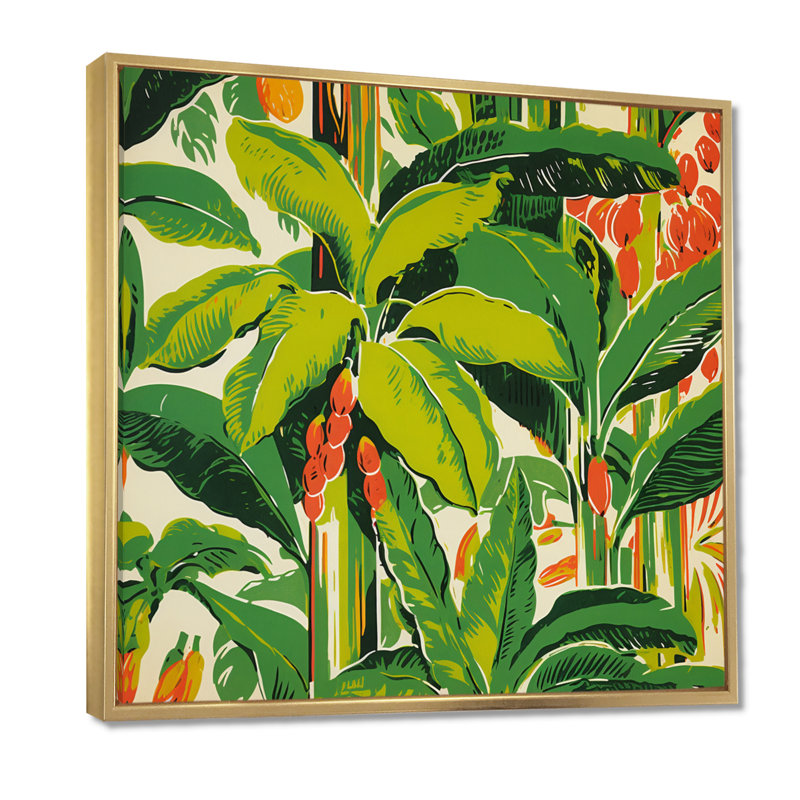 Palmiers tropicaux Illustration rétro - feuilles, art mural, Toile avec cadre flottant or, H 36 po x l 36 po x P 1,5 po