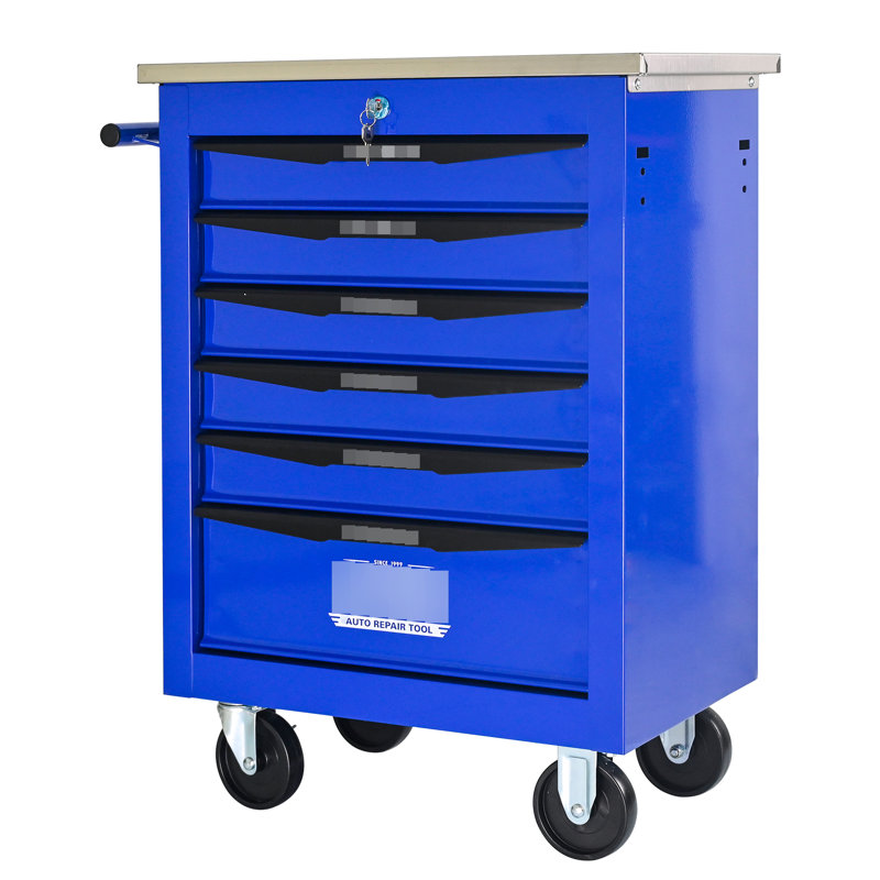 6 Drawers Garage Tool Trolley, Metal Rolling Cart With Wheels, Black & Blue, Key Locking, - Bearing Drawer Slides Multifunctional Storage For Workshop Warehouse Smooth Steel Countertop, Drawers, 4