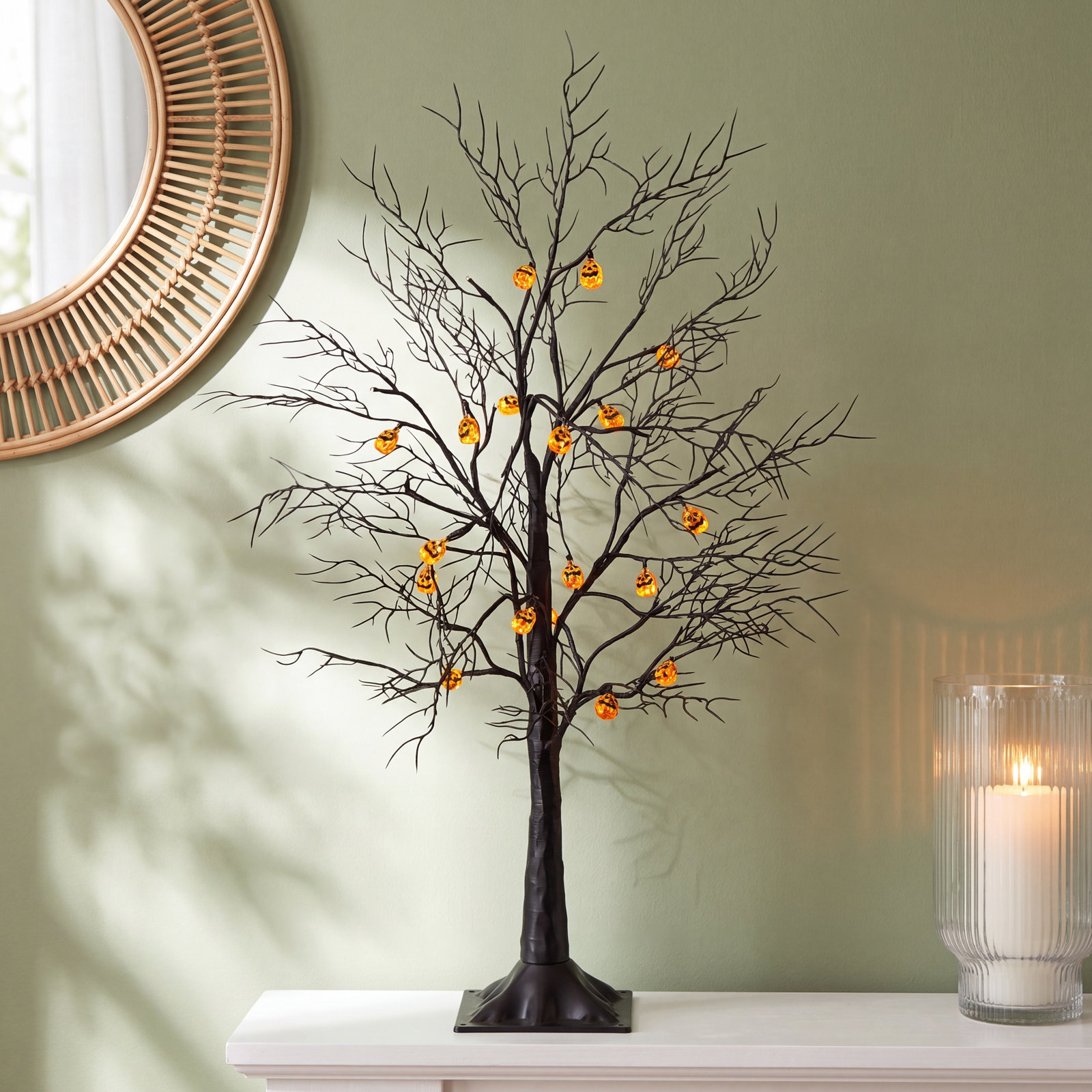 Pre-Lit Halloween Black Twig Tree with Pumpkins, 36" H x 16" W x 16" D