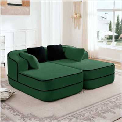 Teddy Fabric No Assembly  32D High Density Sponge Boneless Sofa,Fluffy Comfy Couch With Double Chaises,Sleeper Sofa,Contrast Color Design,Symmetrical Aesthetics,For Living Room