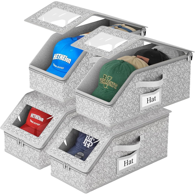 Paquet de 4 boîtes de rangement de chapeaux pliables, organisateur de chapeau de baseball en tissu gris avec couvercle transparent et fente pour étiquettes, support de casquette empilable pour garde-robe, anti-poussière avec fermeture à glissière