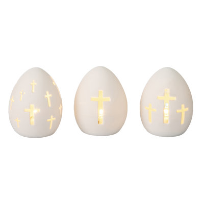 Ceramic LED Cross Eggs, Decorative Objects, White, Ceramic, Set of 3, Tabletop, Living Room, Easter, Home Decoration, Light Up LED