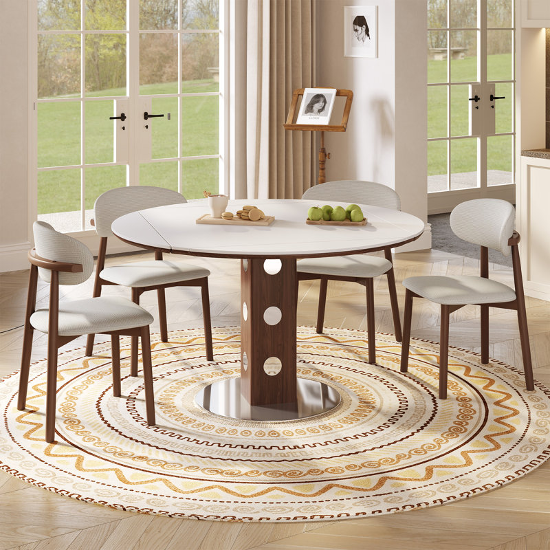 Table de salle à manger à rallonge ronde de 47,2 pouces à abattants avec plateau en pierre frittée blanche et colonne en bois de noyer