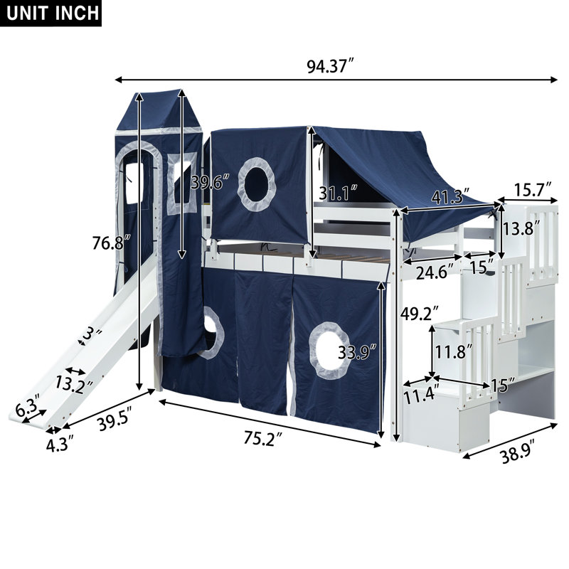 Lit mezzanine simple avec tente et tour, Bleu