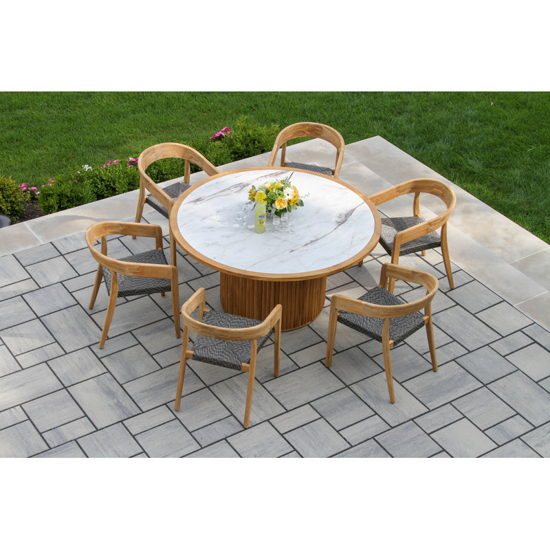 Estate 7 Pc. Round Teak & Stone Dining Set With Wicker Stacking Chairs, Ivory, Gray/Natural