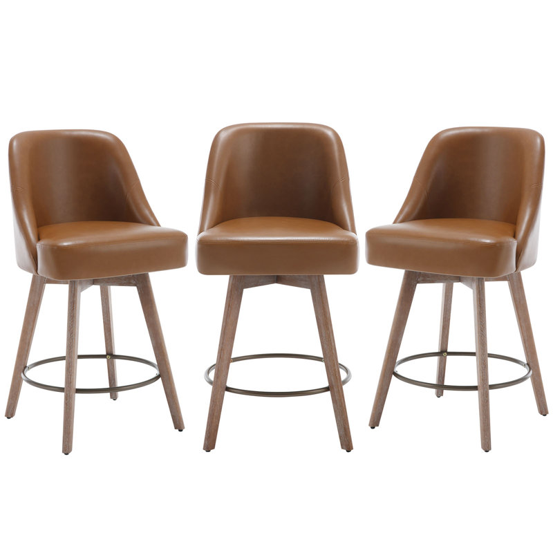Brown Faux Leather Swivel Counter Stools with Wood Legs, Set of 3