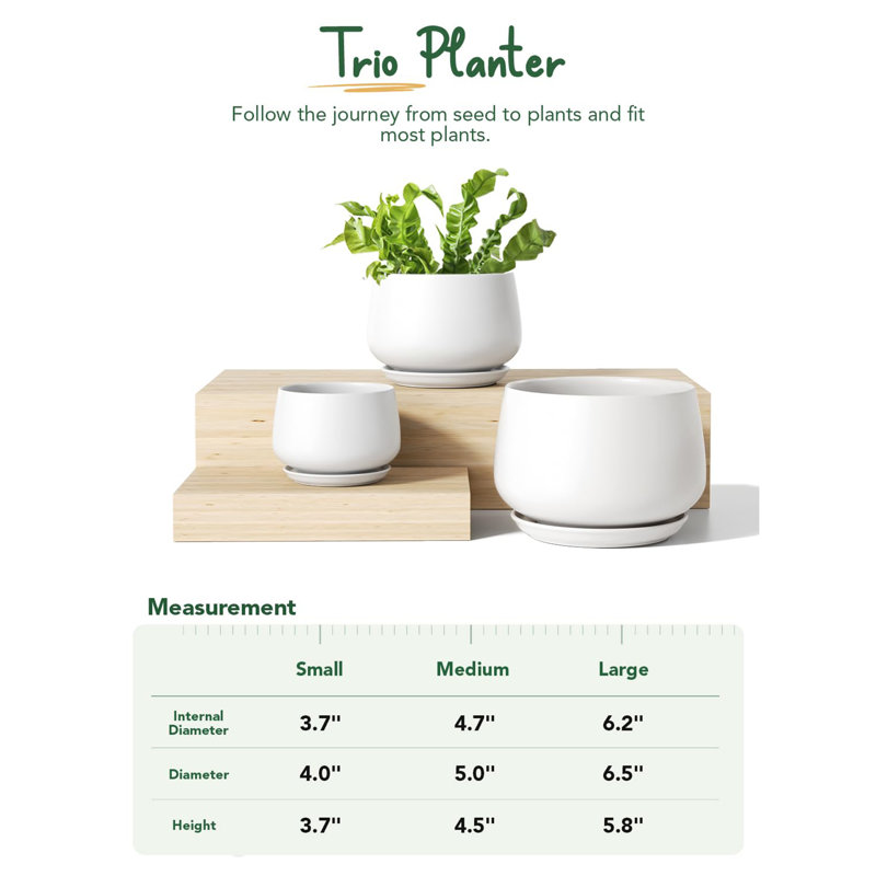 Pots à plantes en céramique 4,1 + 5,1 + 6,5 pouces, Blanc