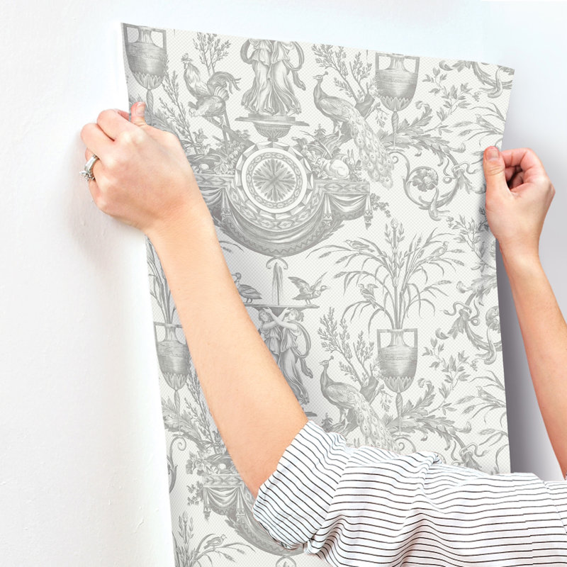 Avian Fountain Toile Wallpaper Roll, Gray