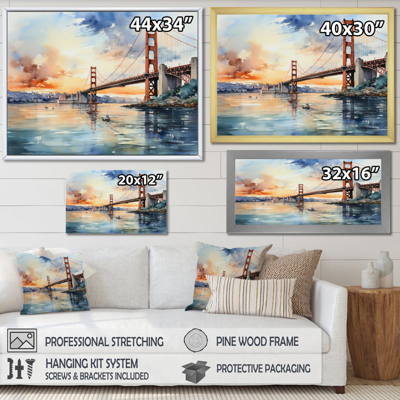 Edurardo Orange Bridge Golden Gateway IV - reproduction sur toile, H 24 po x l 32 po x P 1 po, Cadre doré à une seule photo