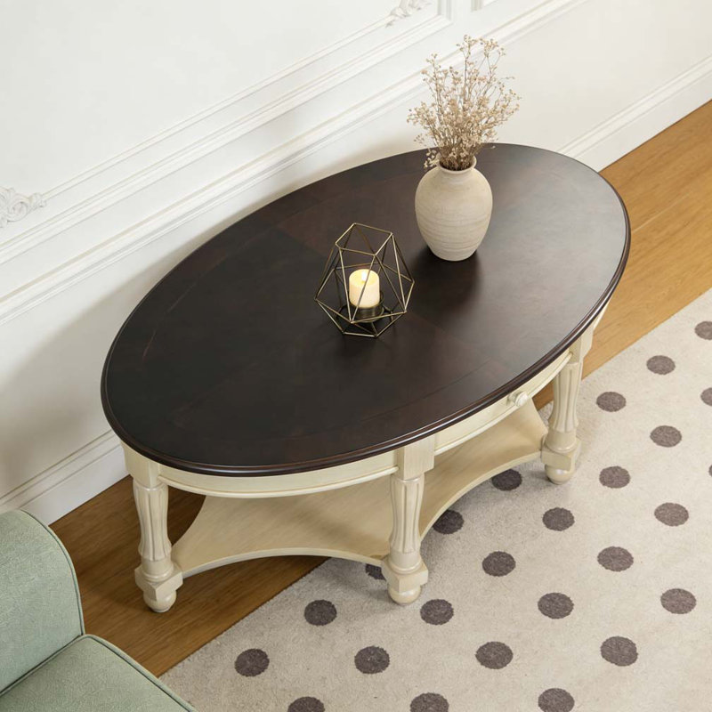 Round Coffee Table with Storage, Beige,Espresso