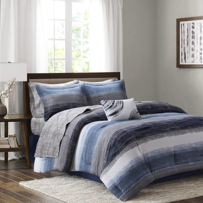 Édredon pour grand lit 9 pièces avec microfibre rayée aquarelle marine et draps assortis avec jupe décorative et coussin décoratif en coton