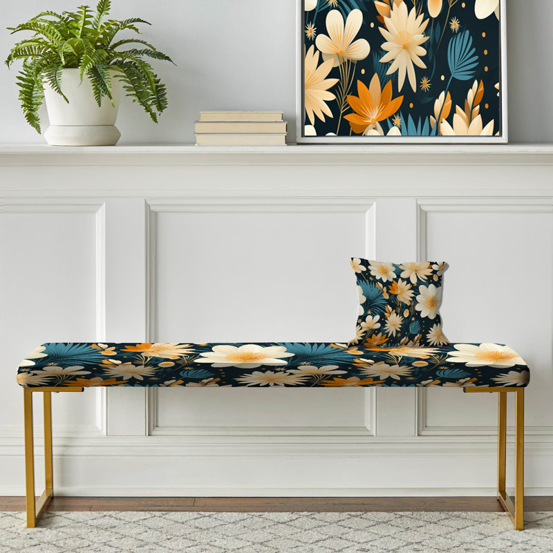 Beige And Teal Serene Conformation Floral Elegance - Floral Upholstered Gold Bench
