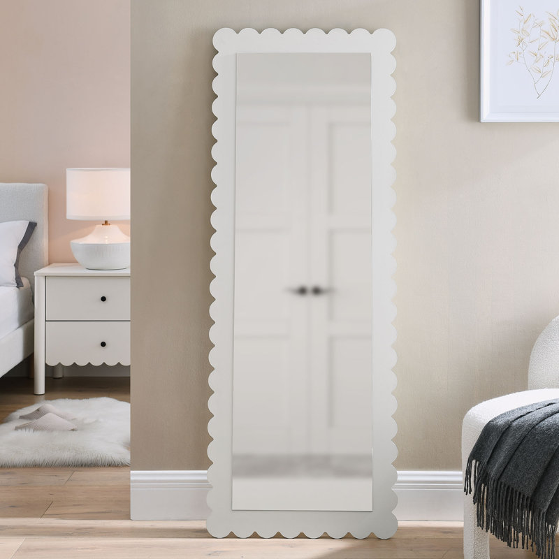 Emmeline Scalloped Rectangle Wall Mirror, White, 61.3" x 22.52"
