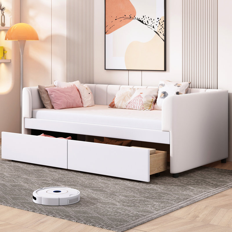 Beige Twin Size Daybed With 2 Drawers And Ergonomic Back - Classic Stripe Headboard For A Functional Sleeping Space Cozy Space Bedroom