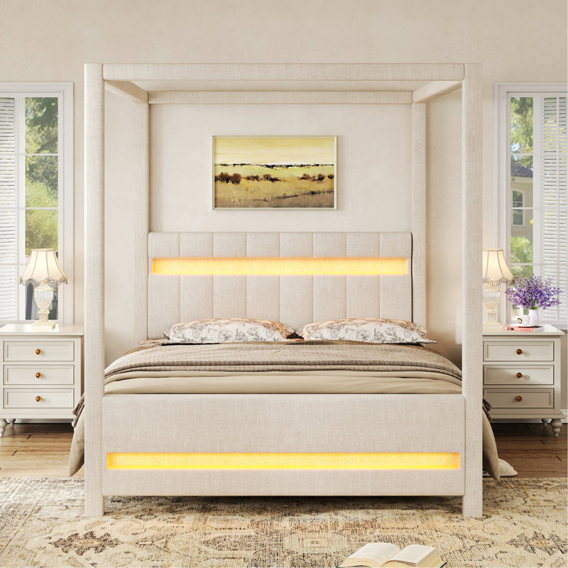 Lit plateforme capitonné avec tête de lit DEL et éclairage DEL, idéal pour une chambre ou une chambre d'amis.