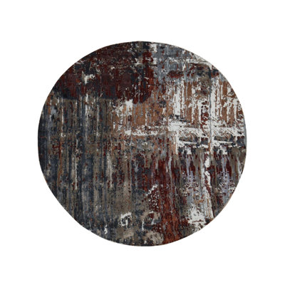 8'x8' Grey Abstract Design Wool and Silk Hand Knotted Round Rug CEDB14D08494476E888C99ECAE06B243