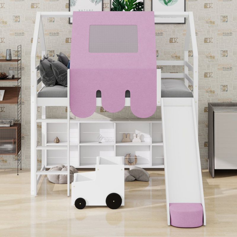 Lit mezzanine complet avec tente, Blanc + rose