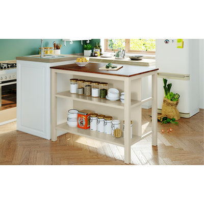 Îlot de table de salle à manger en bois massif rustique 45 po noyer et blanc crème avec 2 tablettes ouvertes pour espaces compacts