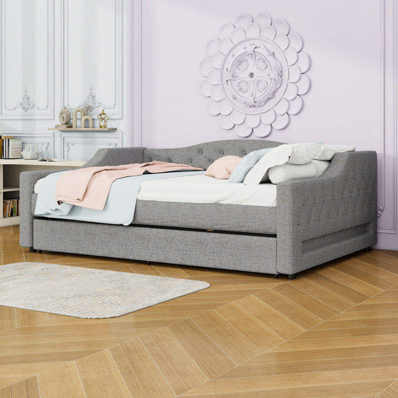 Full XL Upholstered Daybed with LED Belt and Trundle, Gray