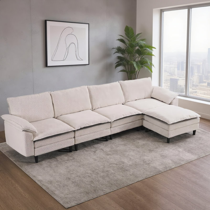 Living Room, Bedroom & Apartment Furniture, 129.92" Black & White Two-Tone L-Shaped Cloud Modular Sectional With Ottoman