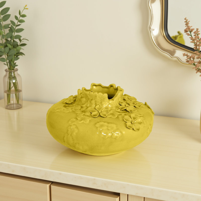 Vase Remi, céramique décorative avec motifs floraux turquoise 12 po, Jaune
