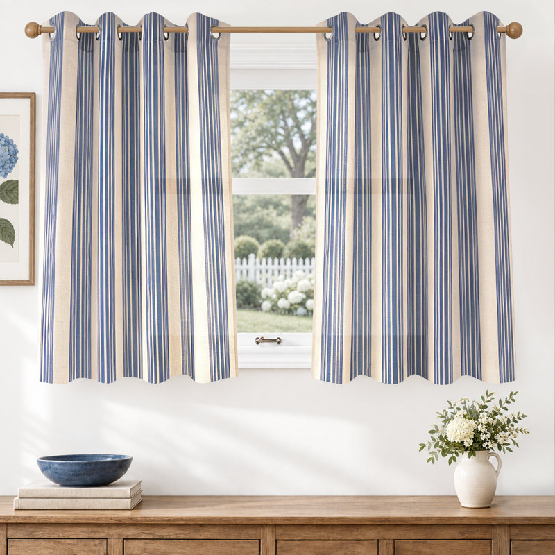 Rideaux semi-transparents en lin avec motif à rayures Chris, Bleu marine foncé, L 52 po x L 36 po