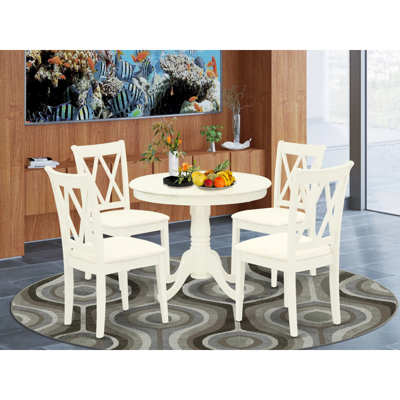 Ensemble de table de salle à manger 5 pièces comprenant une table ronde avec piédestal et 4 chaises rembourrées en tissu de lin, blanc lin