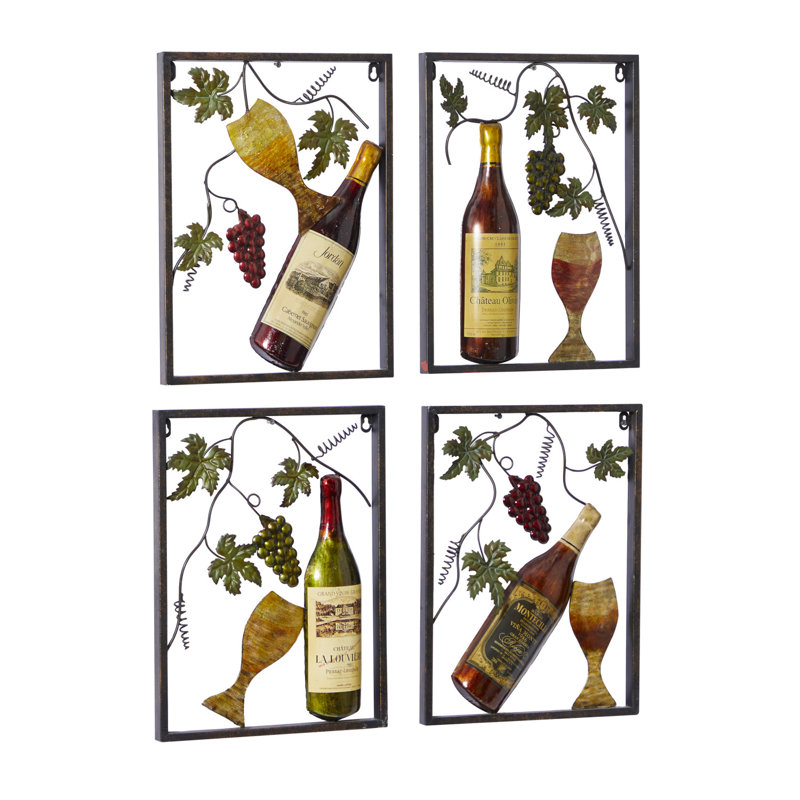 Metal Wine Multi Colored Wall Decor with Grapes Detailing Set