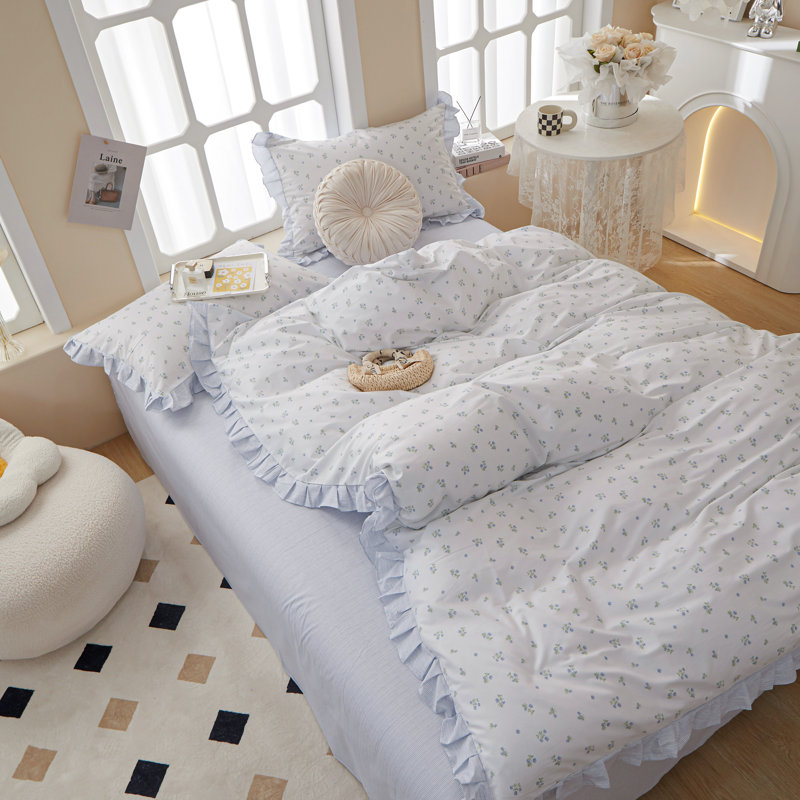 Muti-Floral Pattern Ruffle Laced Cotton Duvet Cover Set, Full Duvet Cover + 2 King Pillowcases, Bluish Violet Floral