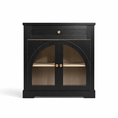 Buffet moderne avec 1 tiroir et 2 portes cintrées en verre trempé, meuble de rangement d'appoint autoportant avec étagères réglables