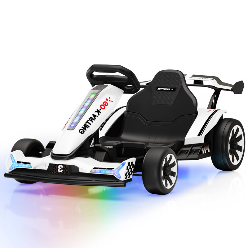 Kart électrique 24 V pour enfants avec cadre réglable, lumières RVB, 3-6,5 mi / h, Blanc
